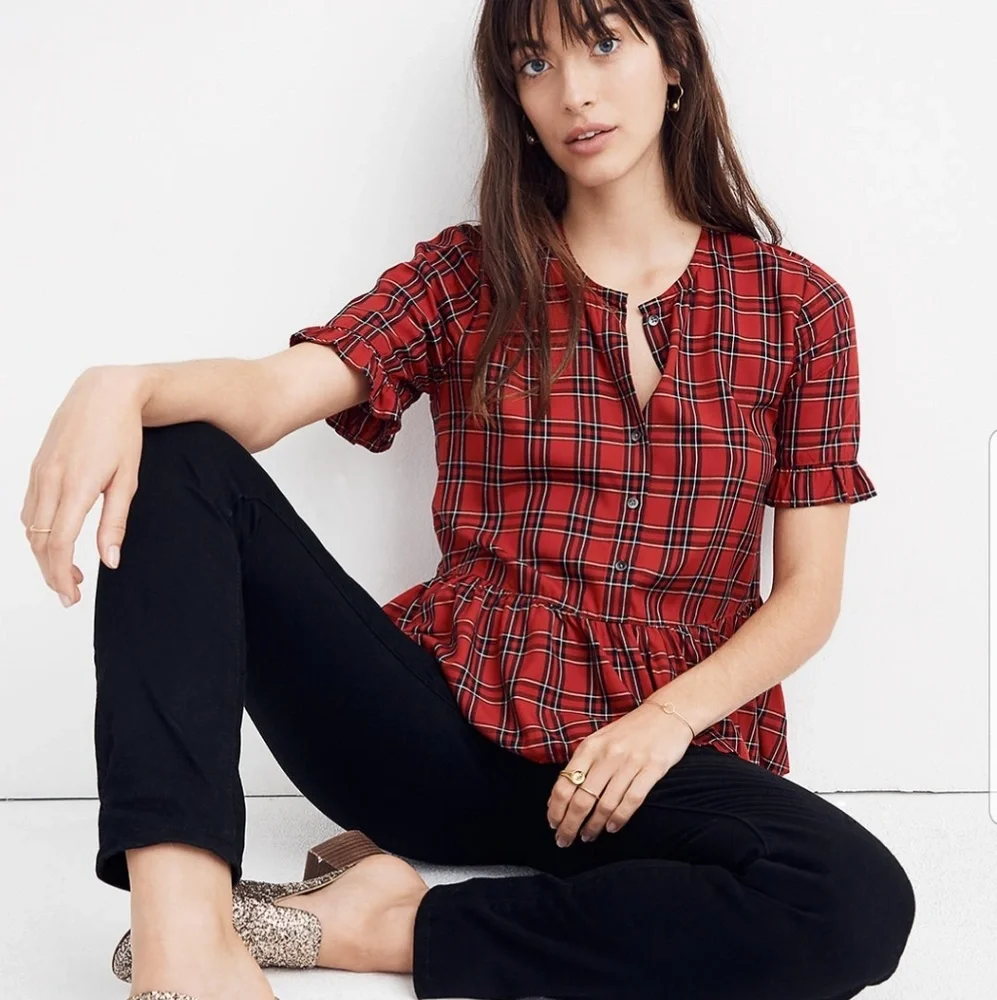 MADEWELL Studio Ruffle Hem Top in Plaid - Picture 1 of 8